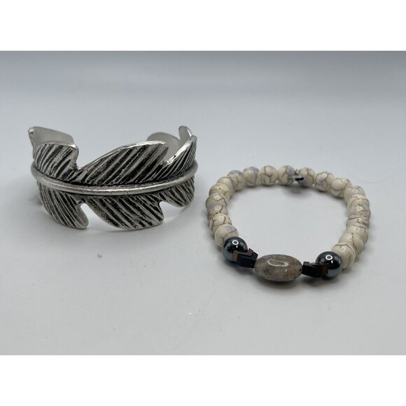 Rustic Cuff Leaf Metal Cuff Bracelet & Natural Stone Stretch Bracelet Set New - Picture 3 of 7